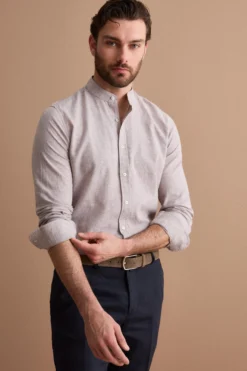 Camicia Coreana Custom Fit in Misto Lino - NOCCIOLA