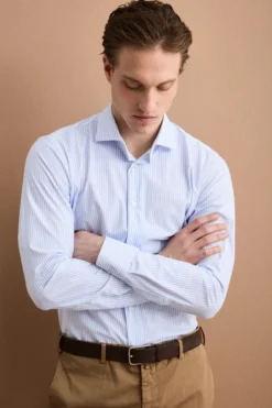 Camicia Custom Fit a Righe in Tessuto Tecnico - AZZURRO RIGATO
