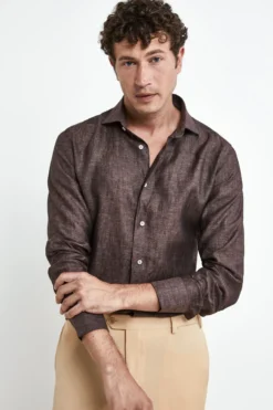 Camicia di lino da uomo - MARRONE