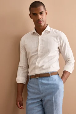 Camicia Dobby Custom Fit a Righe in Cotone - BEIGE RIGATO