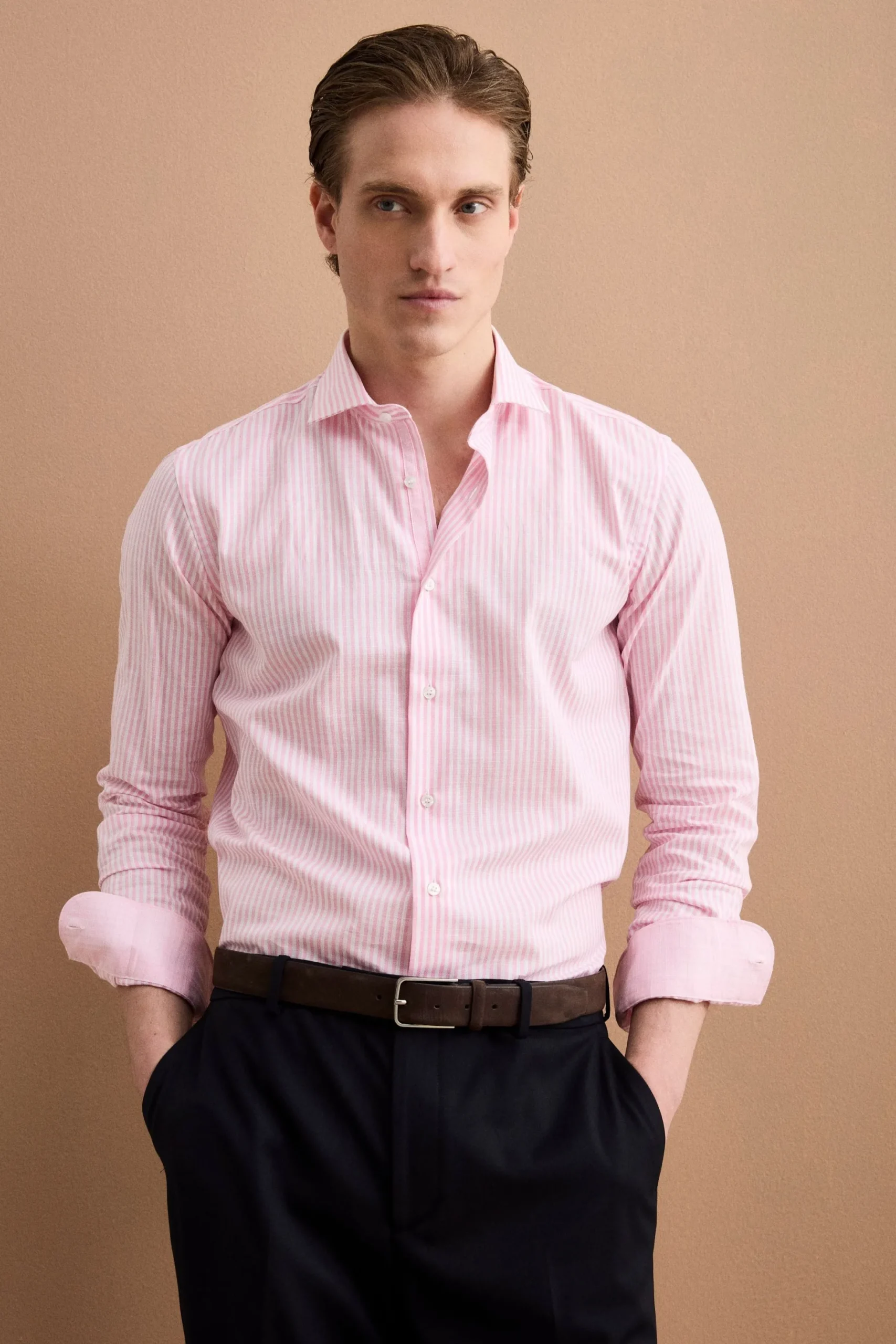 Camicia Dobby Custom Fit a Righe in Cotone - ROSA RIGATO