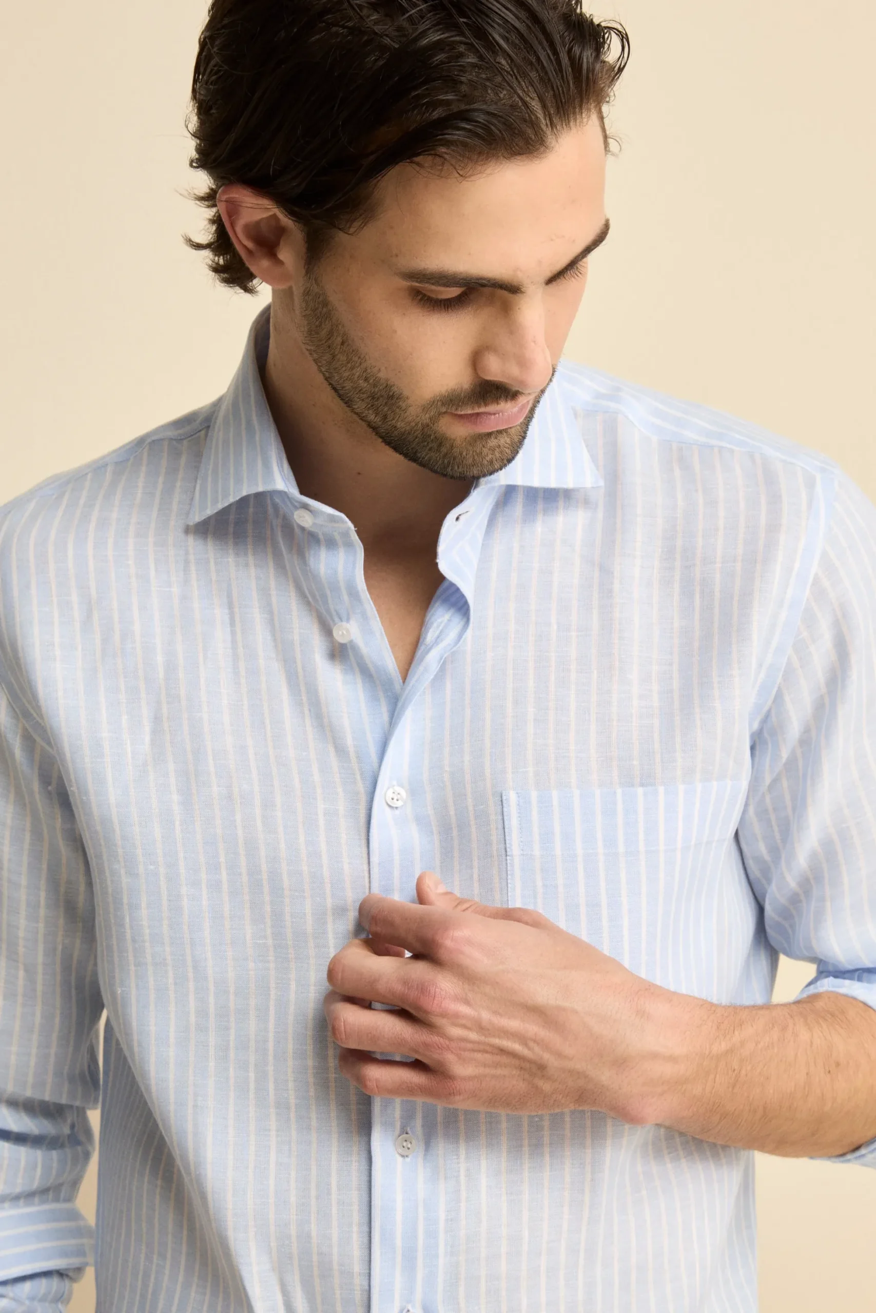 Camicia Fantasia con Taschino Custom Fit in Lino - AZZURRO RIGATO