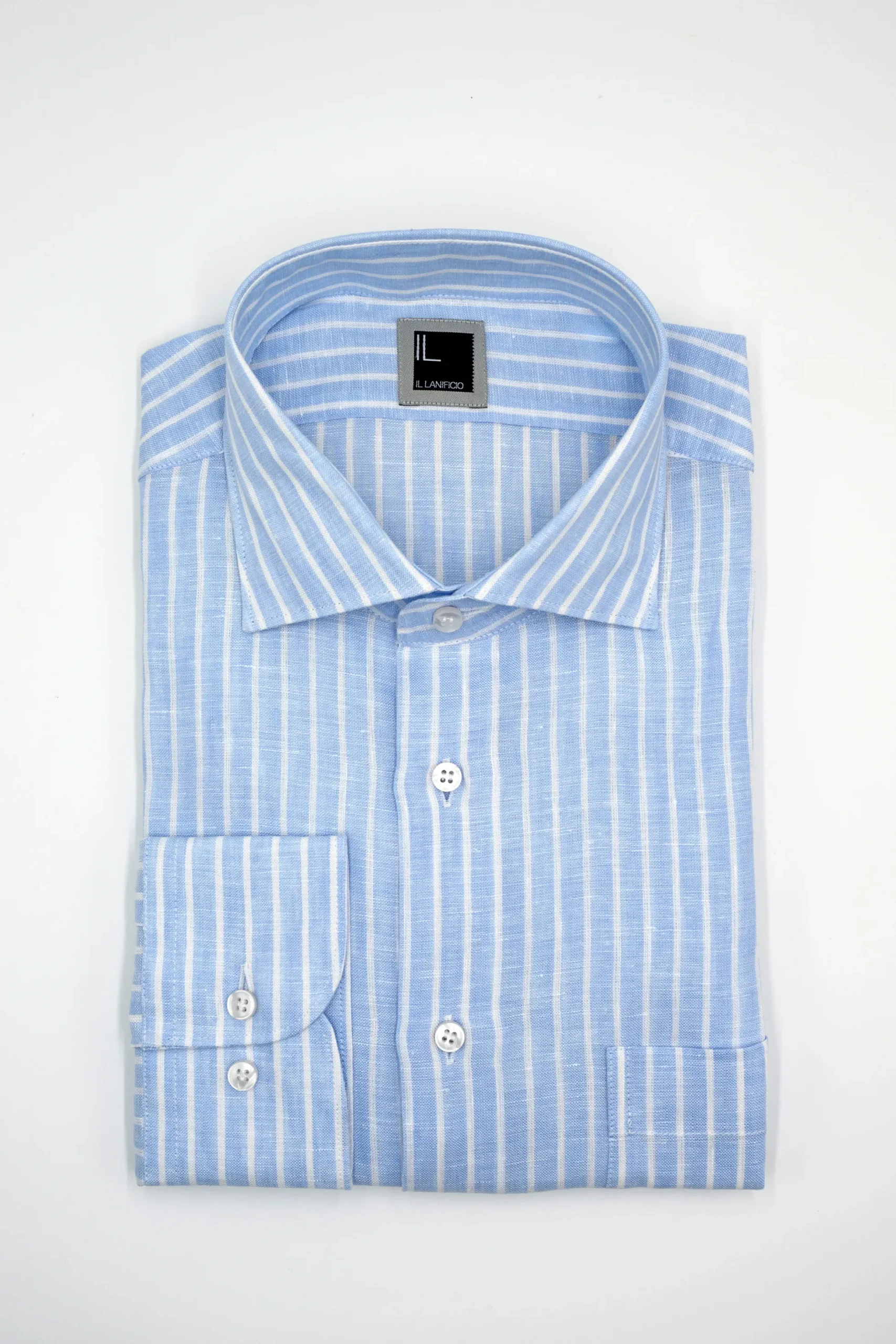 Camicia Fantasia con Taschino Custom Fit in Lino - AZZURRO RIGATO