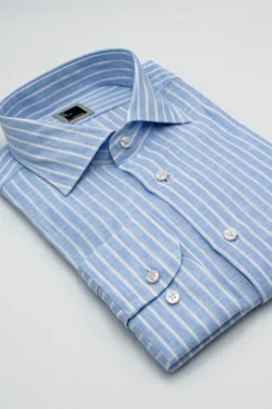 Camicia Fantasia con Taschino Custom Fit in Lino - AZZURRO RIGATO