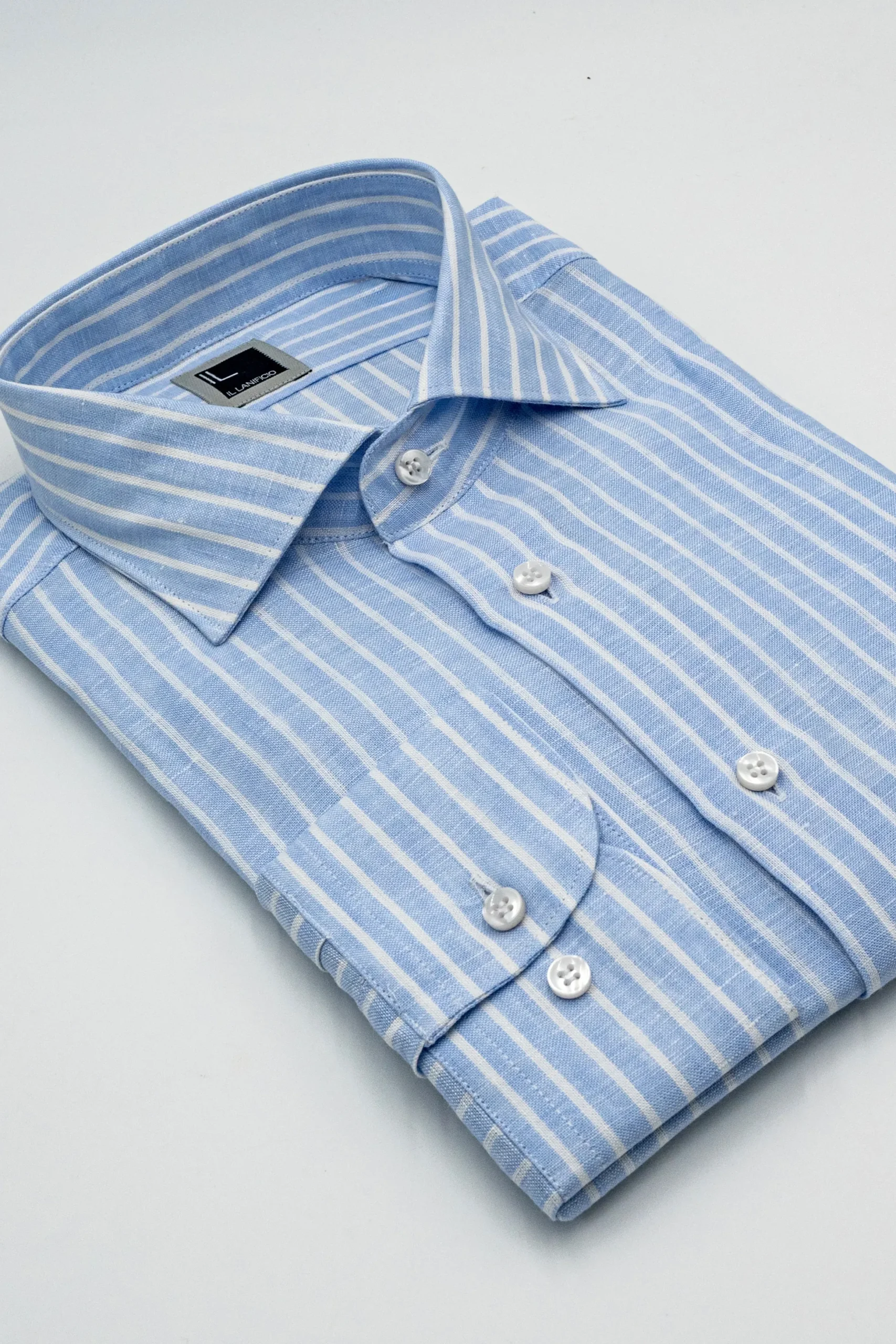 Camicia Fantasia con Taschino Custom Fit in Lino - AZZURRO RIGATO