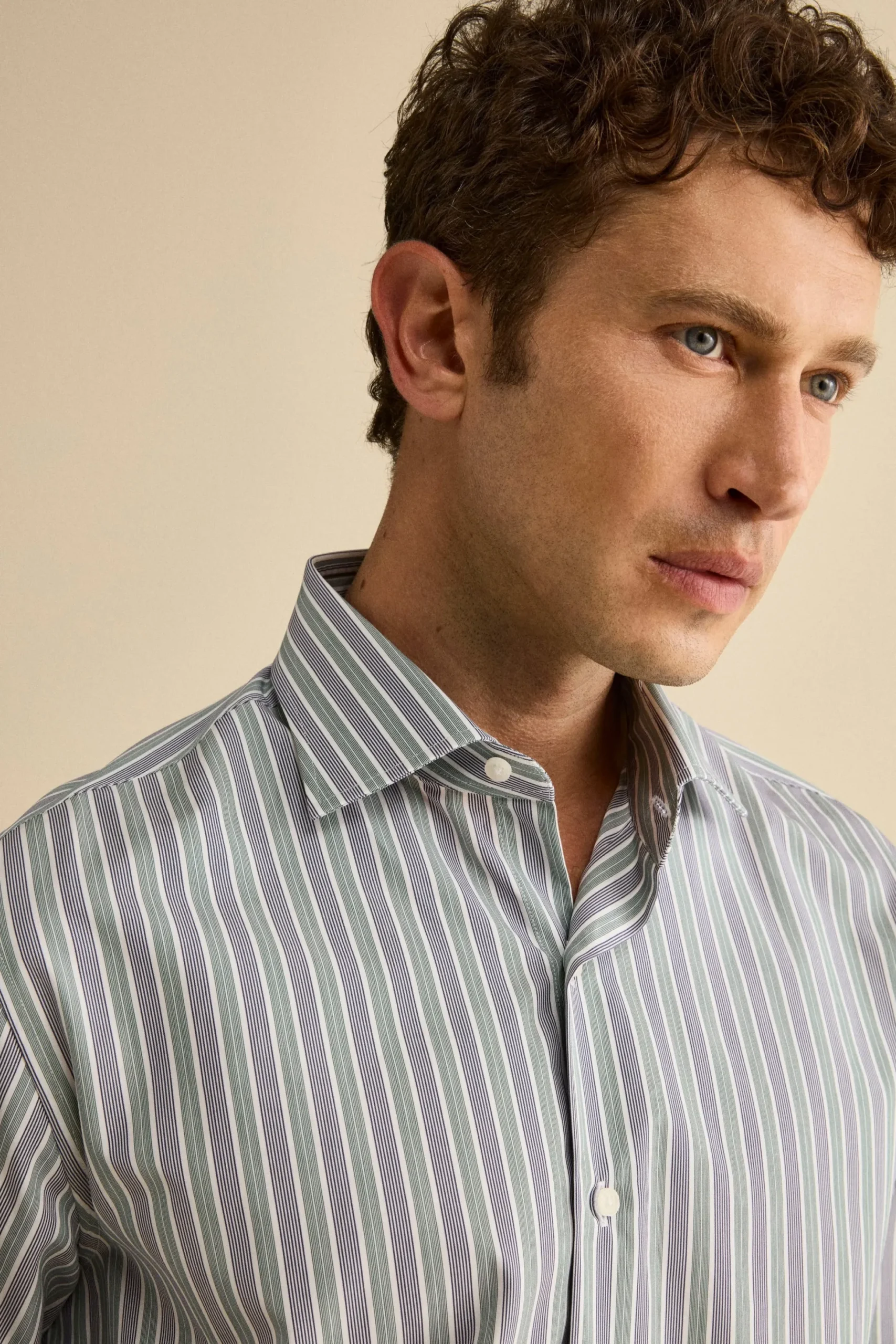 Camicia Fantasia Custom Fit con Collo Francese in Cotone - RIGATO BLU/VERDE