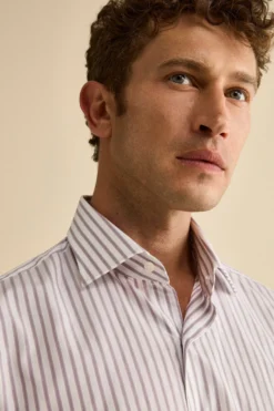 Camicia Fantasia Custom Fit con Collo Francese in Cotone - RIGATO BIANCO/LILLA