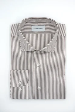 Camicia Fantasia Custom Fit in Cotone Dobby - MARRONE RIGATO