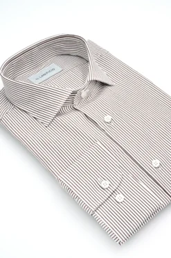 Camicia Fantasia Custom Fit in Cotone Dobby - MARRONE RIGATO
