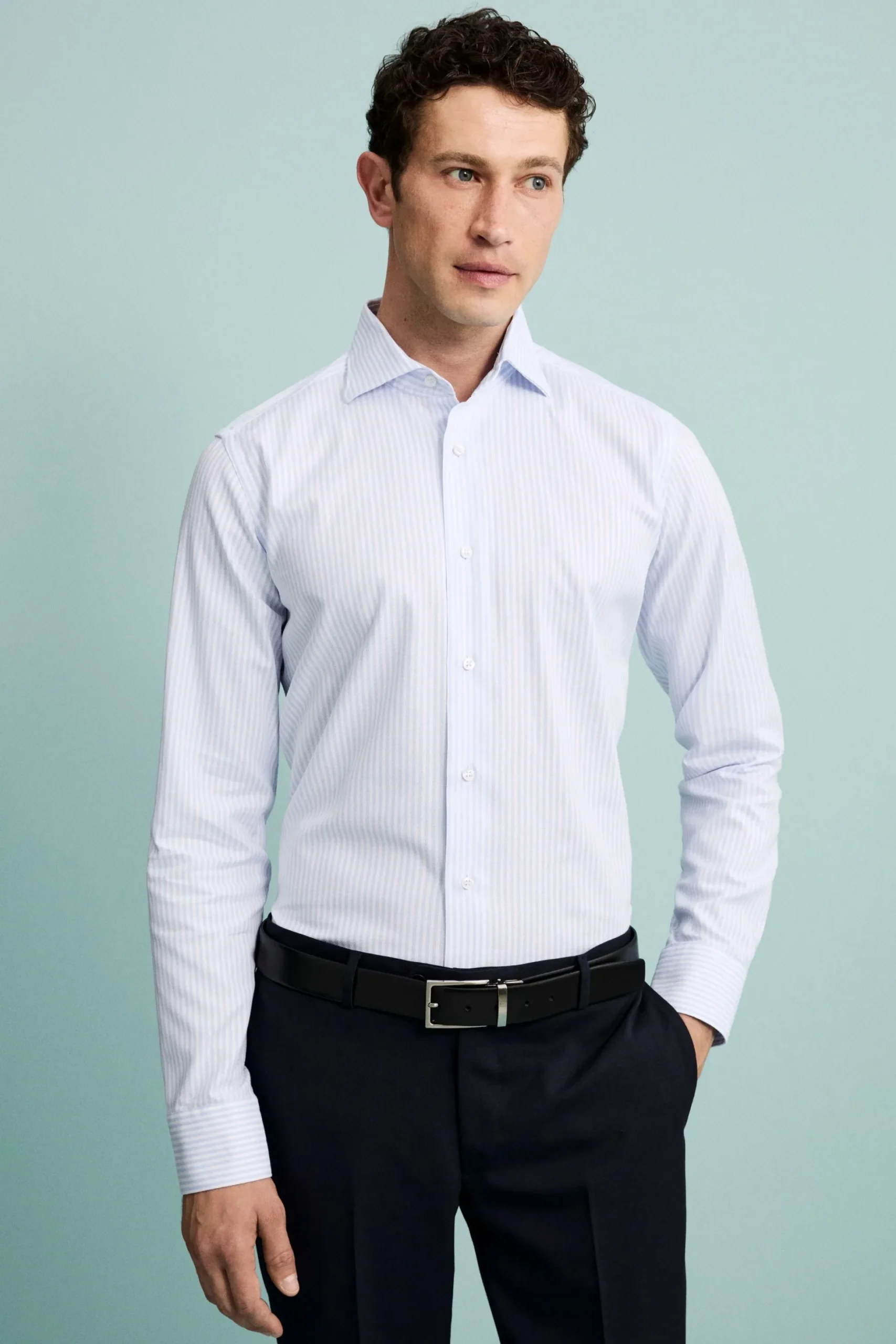 Camicia Fantasia Slim Fit Collo Francese - RIGATO BIANCO/AZZURRO