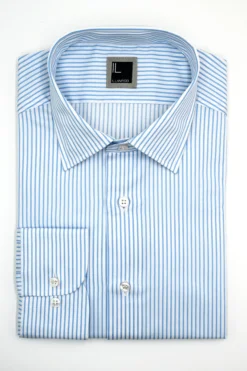 Camicia Fantasia Slim Fit con Collo Classico in Cotone - RIGATO BIANCO/AZZURRO