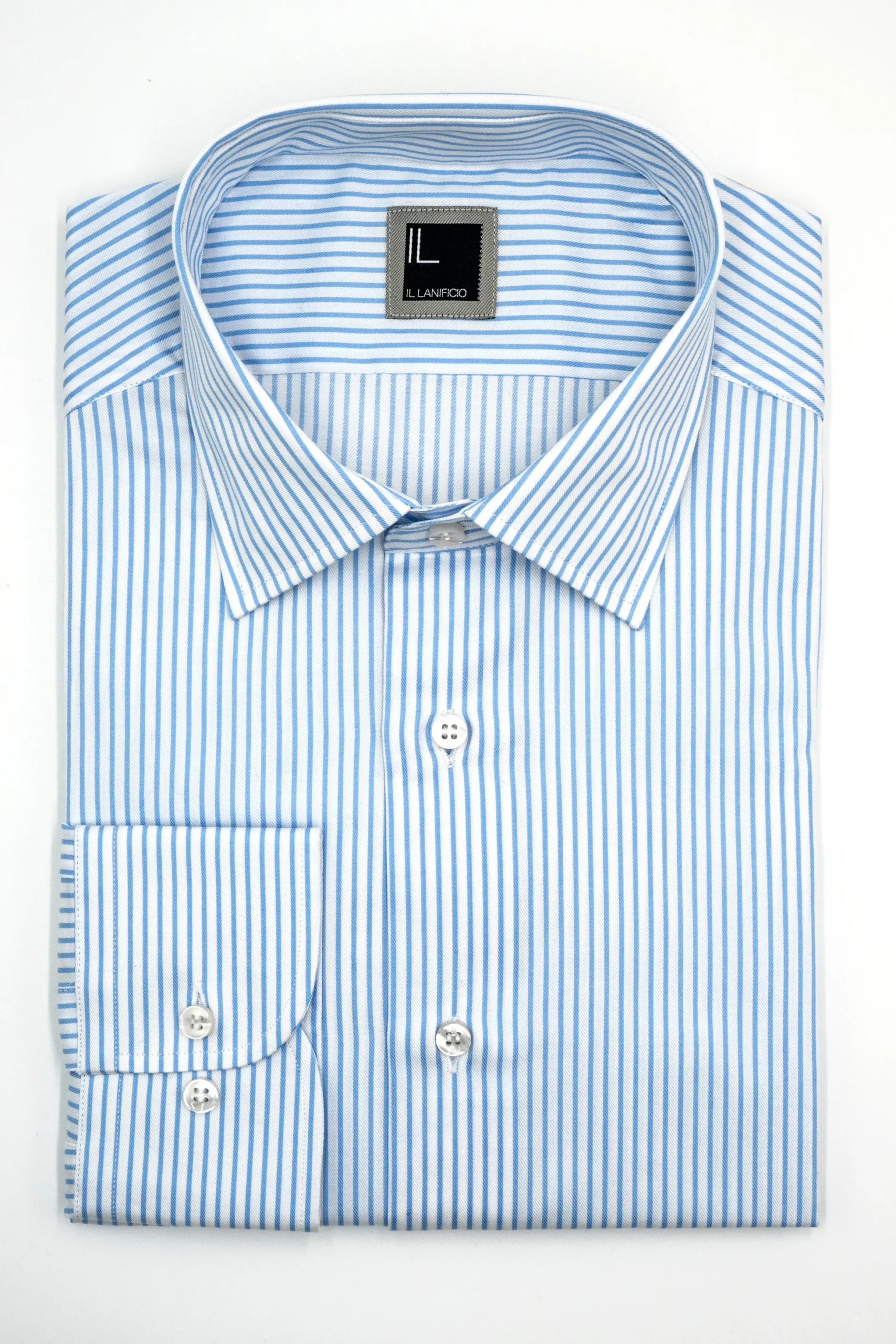 Camicia Fantasia Slim Fit con Collo Classico in Cotone - RIGATO BIANCO/AZZURRO