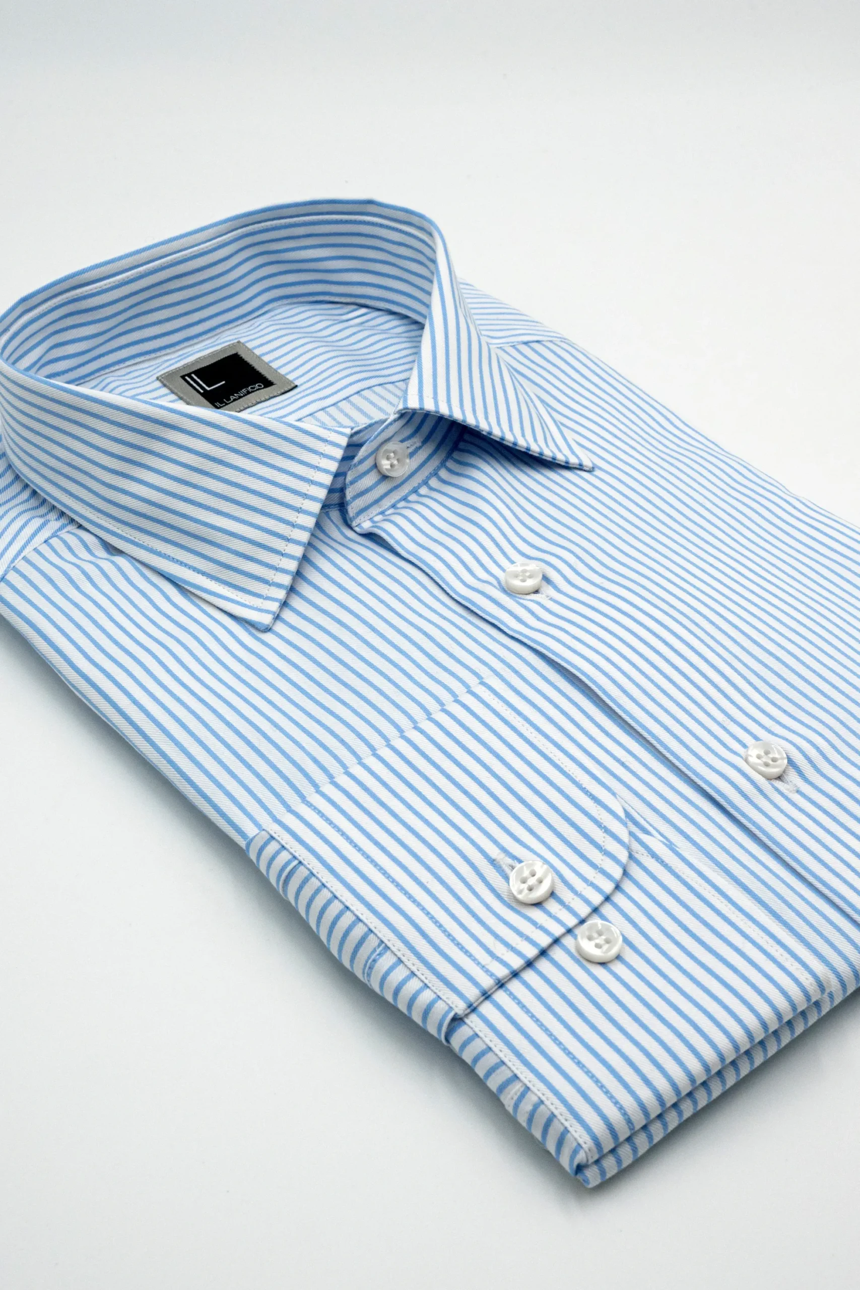 Camicia Fantasia Slim Fit con Collo Classico in Cotone - RIGATO BIANCO/AZZURRO