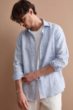 Camicia in Lino a Righe Custom Fit - AZZURRO RIGATO