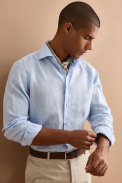 Camicia in Lino Regular con Collo Francese - AZZURRO