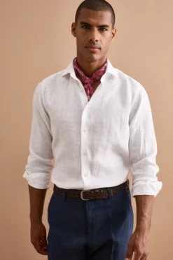 Camicia in Lino Regular con Collo Francese - BIANCO