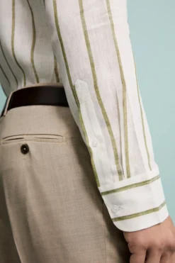 Camicia Lino Collo Francese con Taschino - RIGATO BIANCO/VERDE