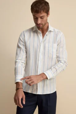 Camicia Lino Collo Francese con Taschino - RIGATO BIANCO/AZZURRO