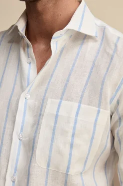 Camicia Lino Collo Francese con Taschino - RIGATO BIANCO/AZZURRO