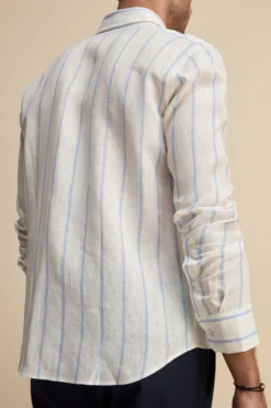 Camicia Lino Collo Francese con Taschino - RIGATO BIANCO/AZZURRO