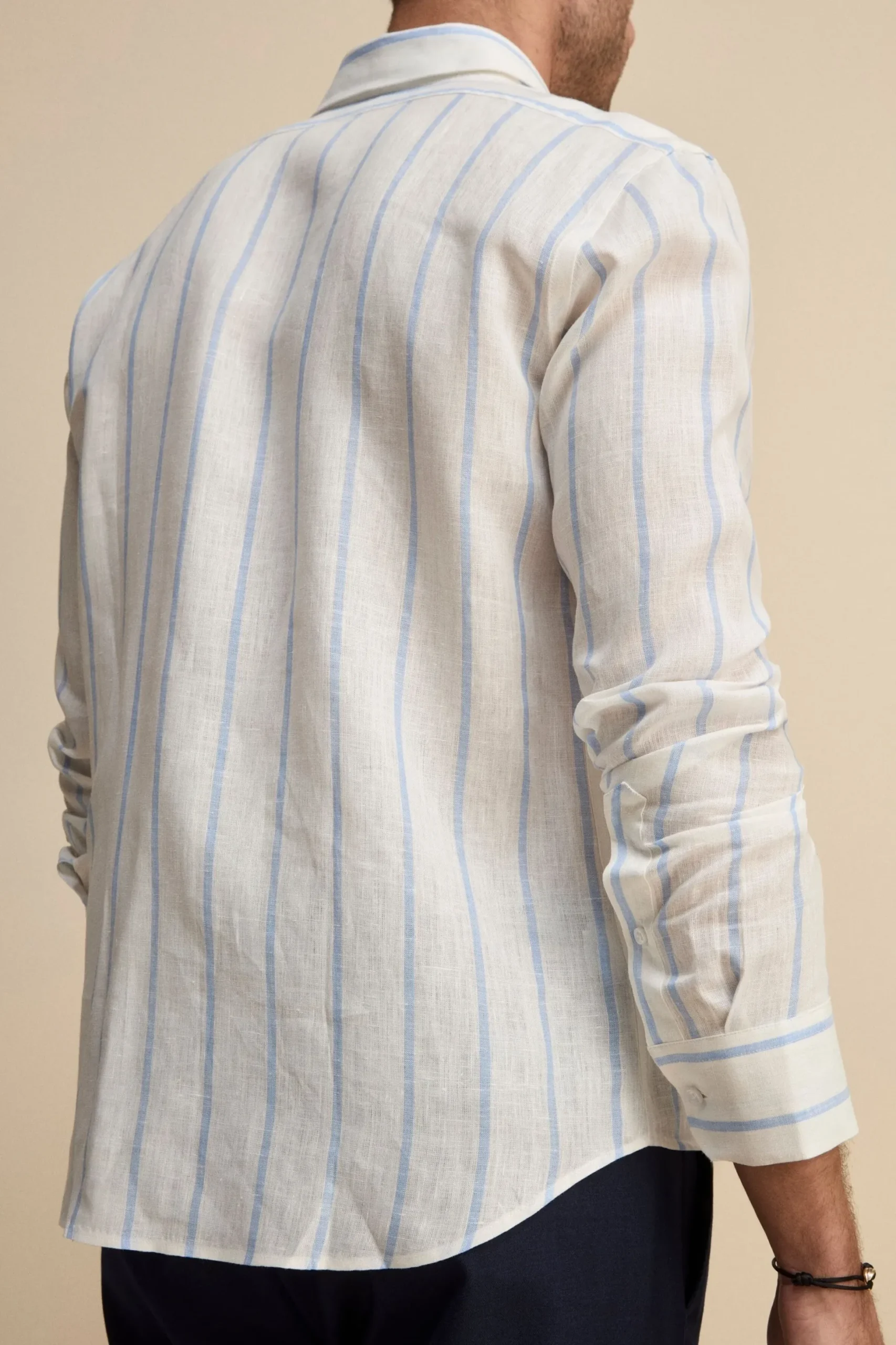 Camicia Lino Collo Francese con Taschino - RIGATO BIANCO/AZZURRO