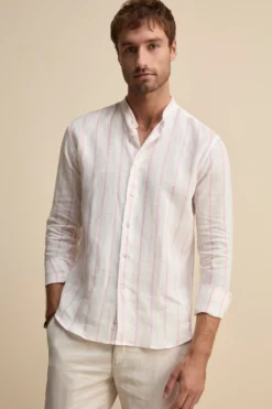 Camicia Lino Coreana Custom Fit - RIGATO BIANCO/ROSA
