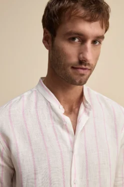 Camicia Lino Coreana Custom Fit - RIGATO BIANCO/ROSA