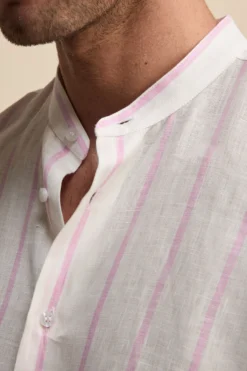 Camicia Lino Coreana Custom Fit - RIGATO BIANCO/ROSA