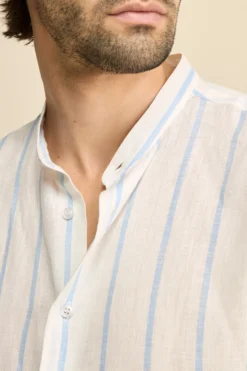 Camicia Lino Coreana Custom Fit - RIGATO BIANCO/AZZURRO