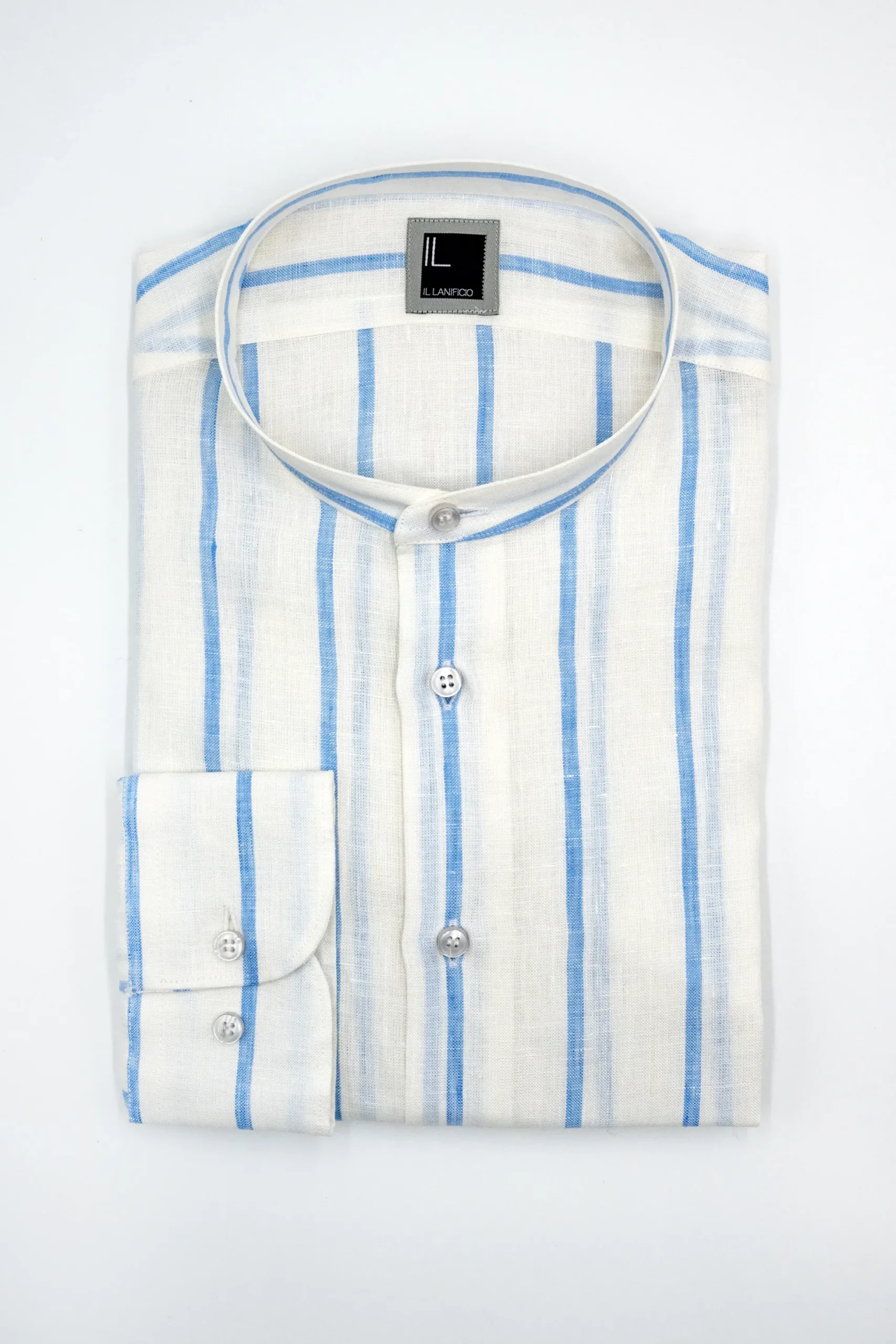 Camicia Lino Coreana Custom Fit - RIGATO BIANCO/AZZURRO