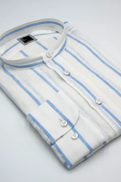 Camicia Lino Coreana Custom Fit - RIGATO BIANCO/AZZURRO