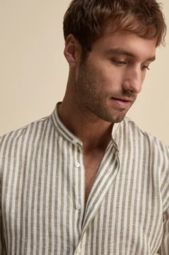Camicia Lino Coreana Custom Fit - VERDE RIGATO