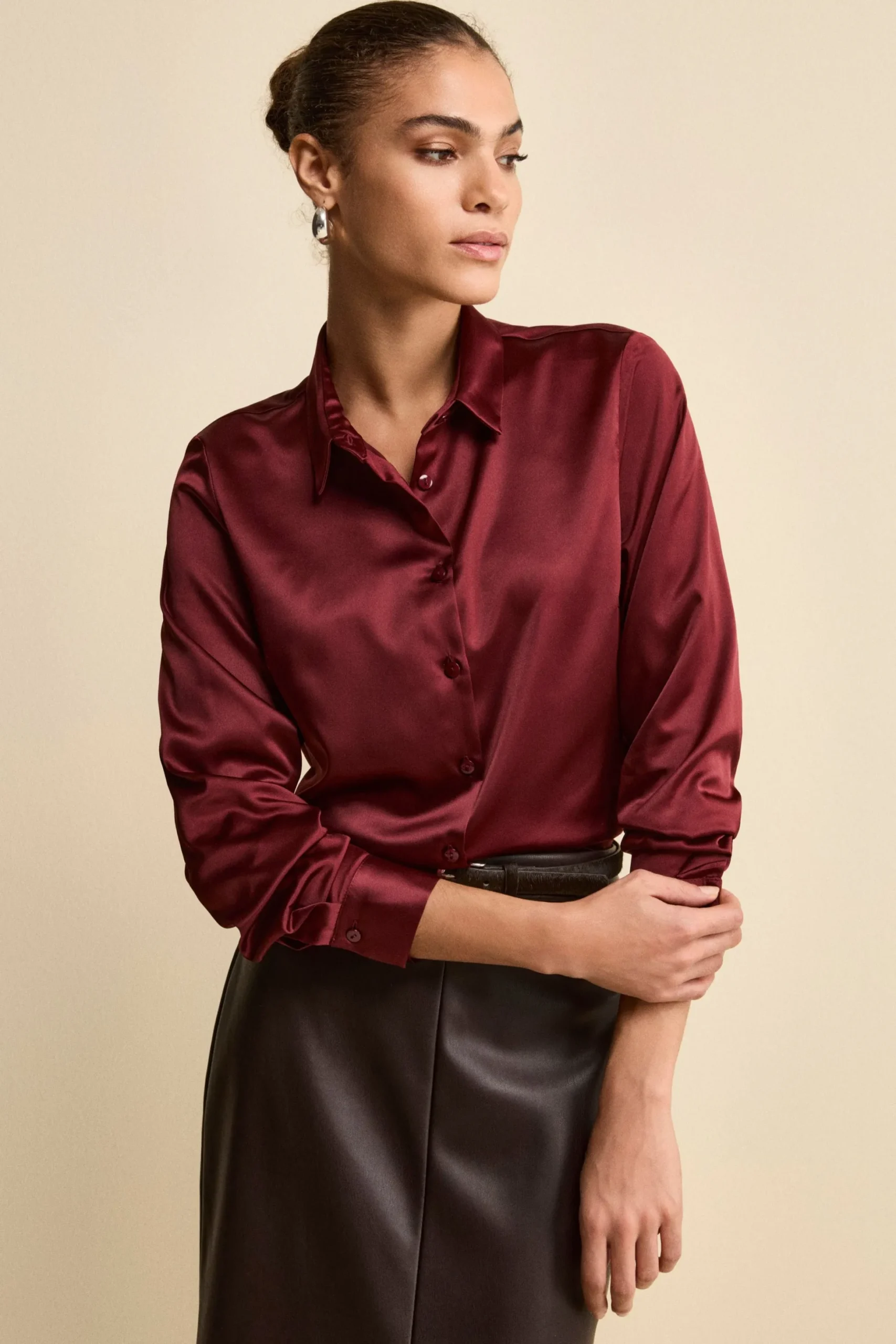 Camicia Morbida in Raso con Bottoni - BORDEAUX