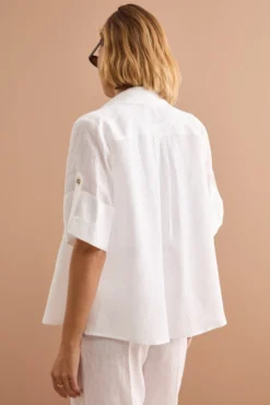 Camicia Over Cropped in Lino - BIANCO