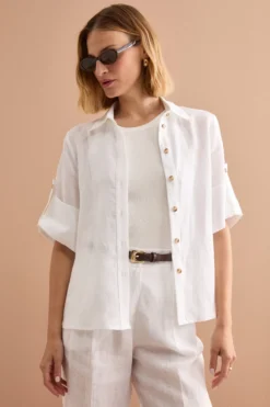 Camicia Over Cropped in Lino - BIANCO