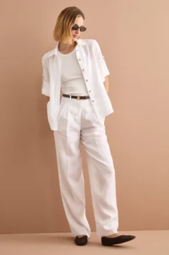 Camicia Over Cropped in Lino - BIANCO