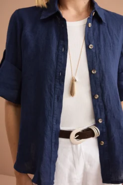 Camicia Over Cropped in Lino - NAVY