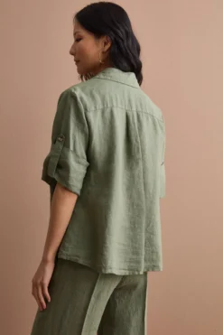 Camicia Over Cropped in Lino - VERDE MILITARE
