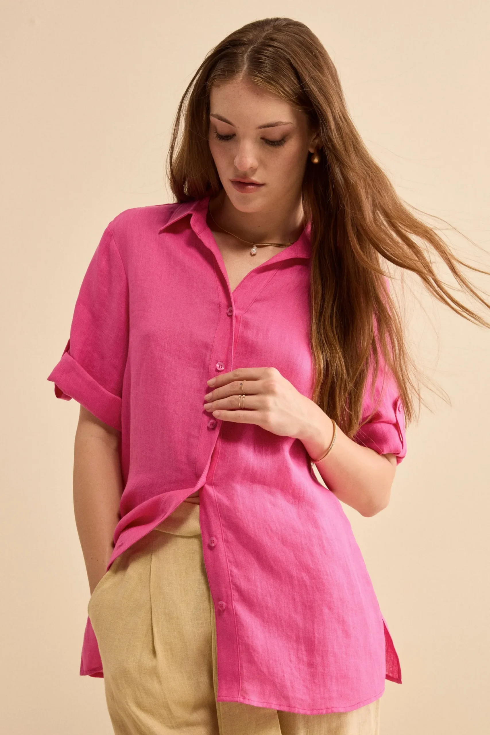 Camicia Over in Lino con Risvolto - FUXIA