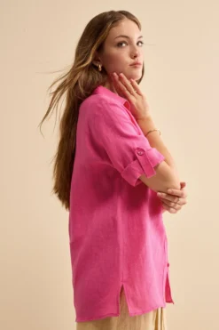 Camicia Over in Lino con Risvolto - FUXIA