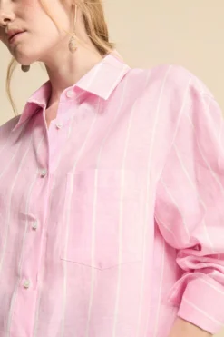 Camicia Over in Lino con Taschino - ROSA RIGATO