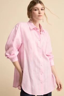 Camicia Over in Lino con Taschino - ROSA RIGATO