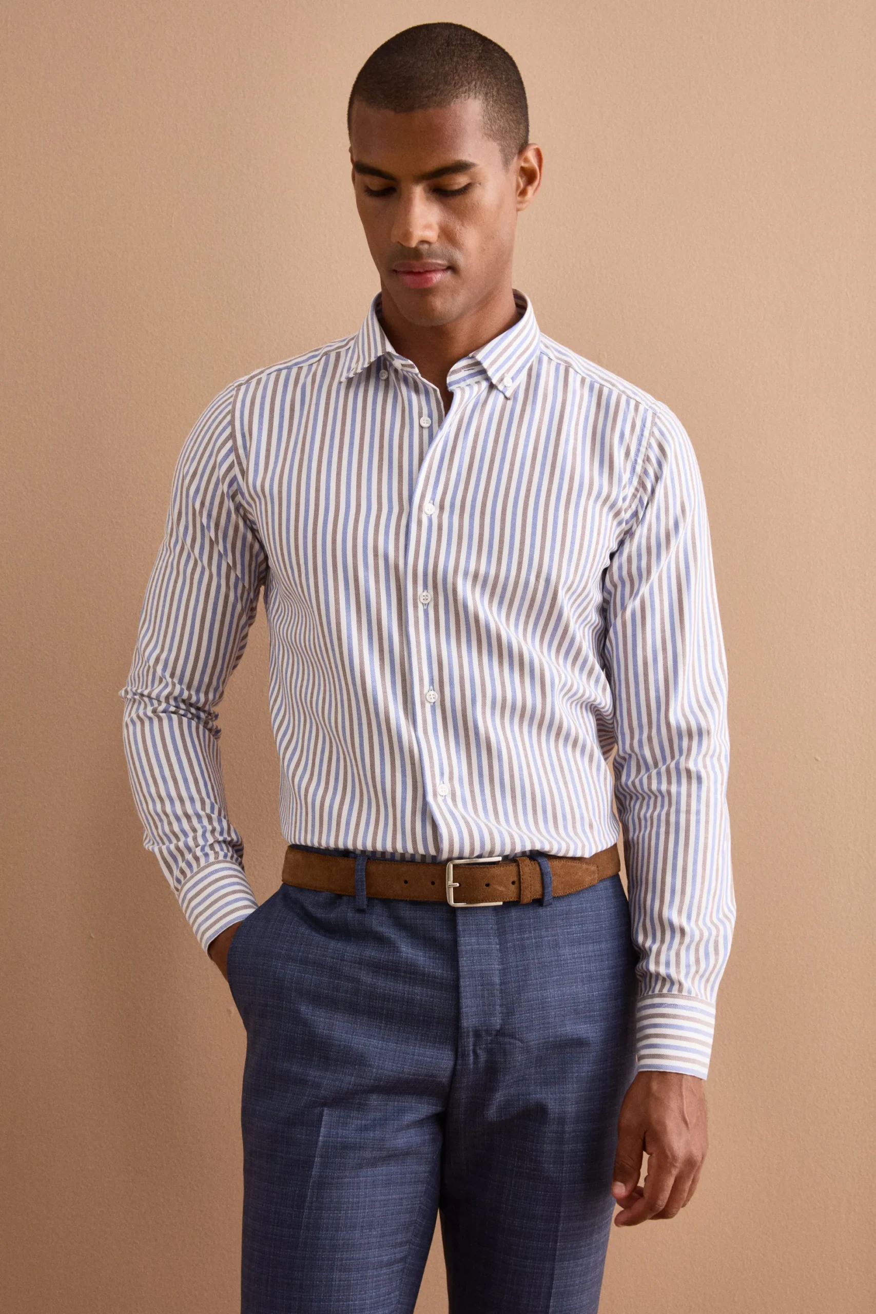 Camicia Regular Button Down a Righe - RIGATO BLU/MARRONE