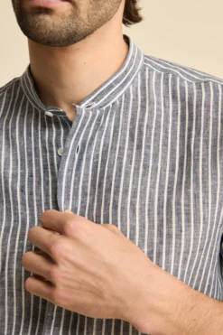 Camicia Rigata Custom Fit con Collo Coreana in Lino - BLU RIGATO