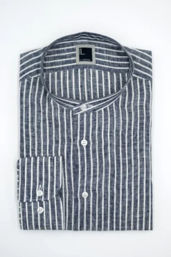 Camicia Rigata Custom Fit con Collo Coreana in Lino - BLU RIGATO