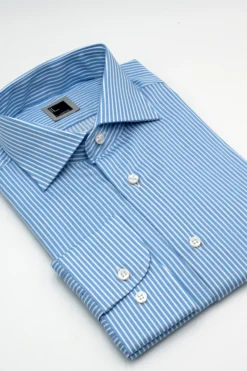 Camicia Rigata Slim Fit con Collo Francese - RIGATO BIANCO/AZZURRO