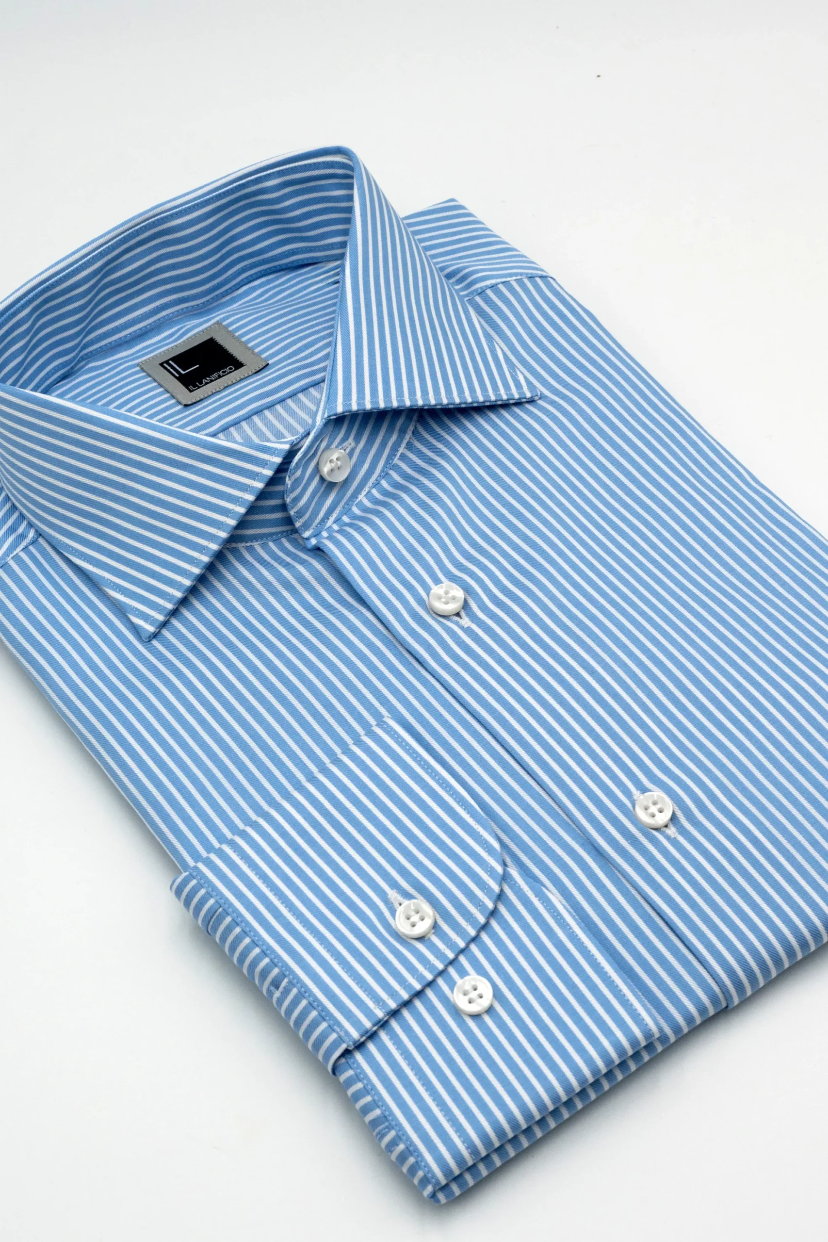 Camicia Rigata Slim Fit con Collo Francese - RIGATO BIANCO/AZZURRO