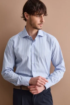 Camicia Slim a Righe in Cotone Doppio Ritorto - AZZURRO RIGATO
