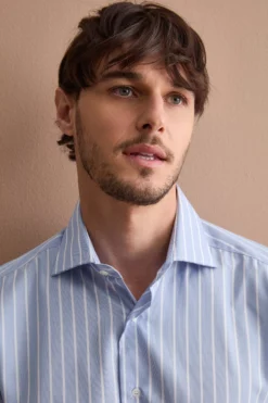 Camicia Slim a Righe in Cotone Doppio Ritorto - AZZURRO RIGATO