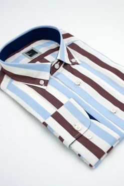 Camicia Slim Fit a Righe Button Down - RIGATO BEIGE/BLU